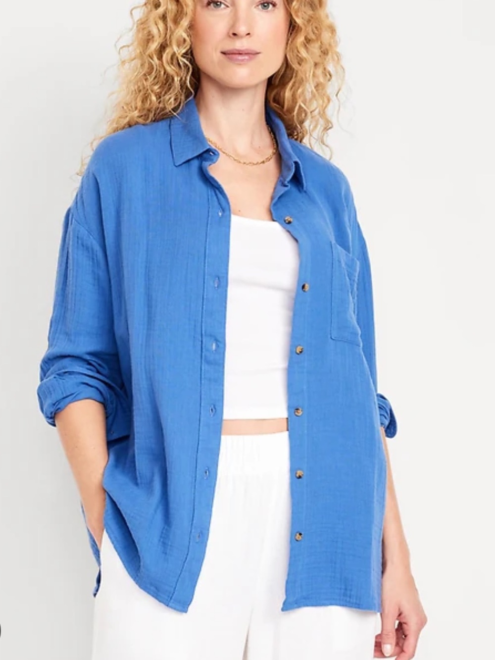 Old Navy Cotton Crinkle Gauze Loose Button-Down Shirt, M Tall | Laundered Blue